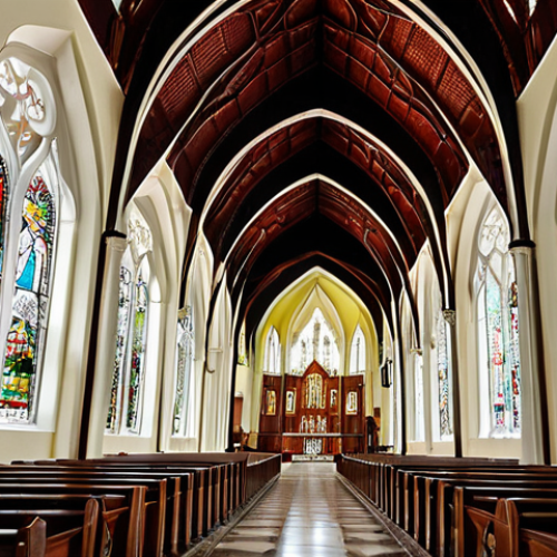 ** A grand, majestic view of St. George's Cathedral in Georgetown, Guyana, showcasing its immense height and intricate wooden architecture. Emphasize the delicate, lacy wooden vaults and the soft light filtering through stained-glass windows, creating a serene and awe-inspiring atmosphere reminiscent of the city's colonial "Garden City of the Caribbean" past. Include surrounding traditional wooden colonial buildings to establish the unique urban landscape.

2.  **Prompt for