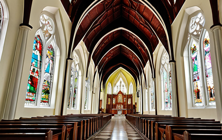 ** A grand, majestic view of St. George's Cathedral in Georgetown, Guyana, showcasing its immense height and intricate wooden architecture. Emphasize the delicate, lacy wooden vaults and the soft light filtering through stained-glass windows, creating a serene and awe-inspiring atmosphere reminiscent of the city's colonial "Garden City of the Caribbean" past. Include surrounding traditional wooden colonial buildings to establish the unique urban landscape.

2.  **Prompt for