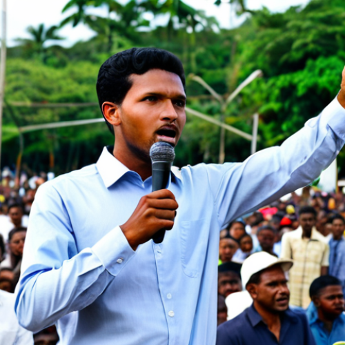 A charismatic, young Cheddi Jagan, fully clothed in a modest, light-colored professional shirt and trousers, stands confidently addressing a diverse crowd at an outdoor political rally in historical Guyana. He gestures expressively, inspiring hope and unity among people of various ethnic backgrounds who listen intently in the background. The scene is bathed in natural daylight, capturing the vibrant atmosphere of a national movement. safe for work, appropriate content, fully clothed, professional, perfect anatomy, correct proportions, natural pose, well-formed hands, proper finger count, natural body proportions, professional photography, high quality.