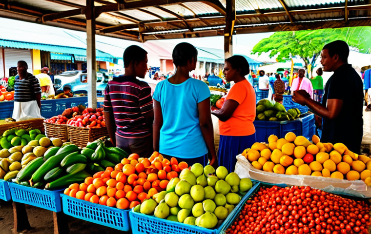Market Scene**
"A bustling marketplace in Georgetown, Guyana. Vendors are selling colorful fruits, vegetables, and spices. People are wearing modest, brightly colored clothing. The scene is vibrant and full of life. Safe for work, appropriate content, fully clothed, professional photography, perfect anatomy, natural proportions, family-friendly atmosphere."
**